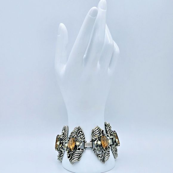 Brutalist Jewel Bracelet Bangle Vtg Brown Jewel Pearl Open Scroll Segment Viking - Picture 2 of 12